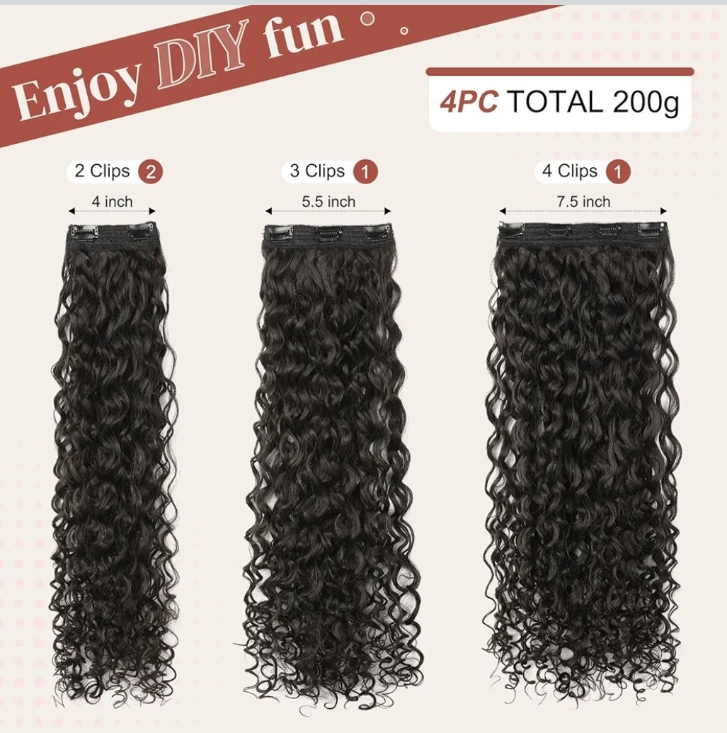 LONAI 4PC Clip in Hair Extensions 26 Inch Curly Silk Natural Black Color
