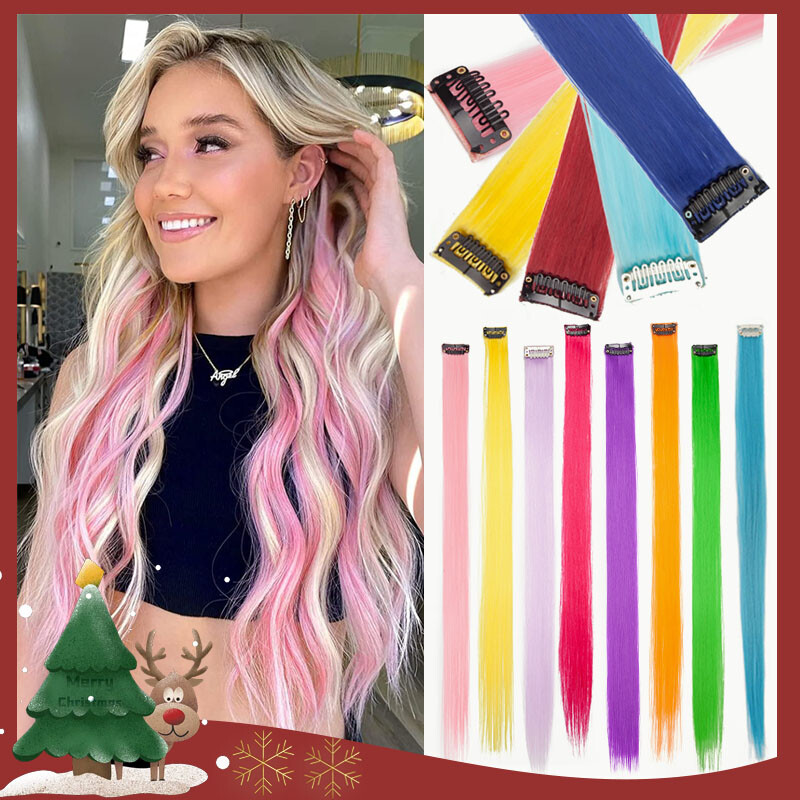 22″ Rainbow Highlight Streaks Hair Extensions Clip In Full Head Curly as Human