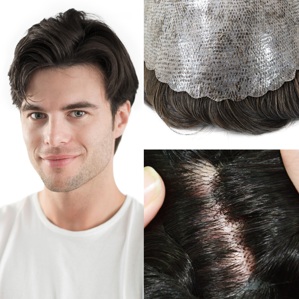 Mens Toupee Full Poly Skin Injected PU Human Hair System Replacement Wig for Men