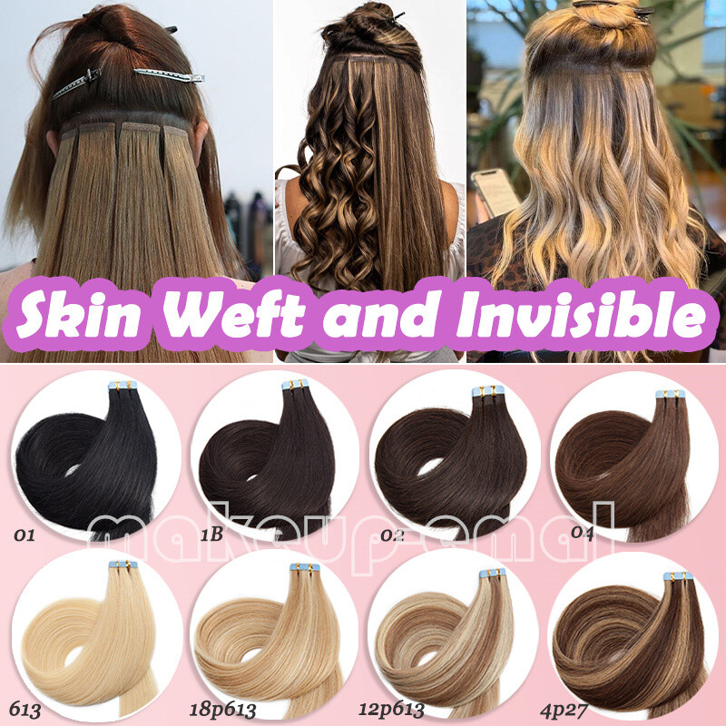 Tape In Skin Weft Real Remy Human Hair Extensions 60pcs Full Head Dark Color