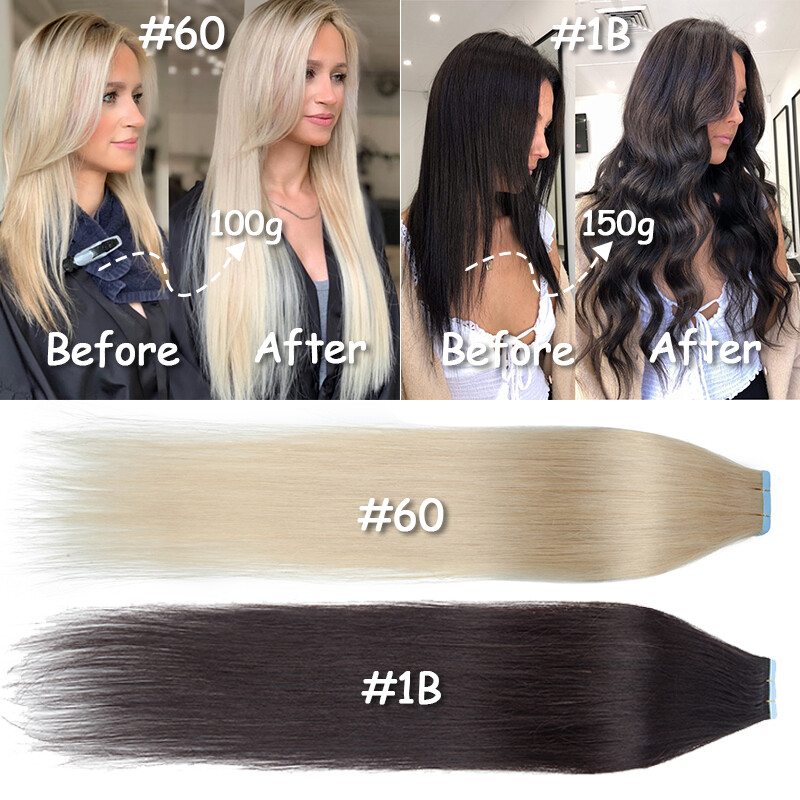 Invisible Thick Tape In Real Remy Human Hair Extensions Skin Weft Full Head 150G