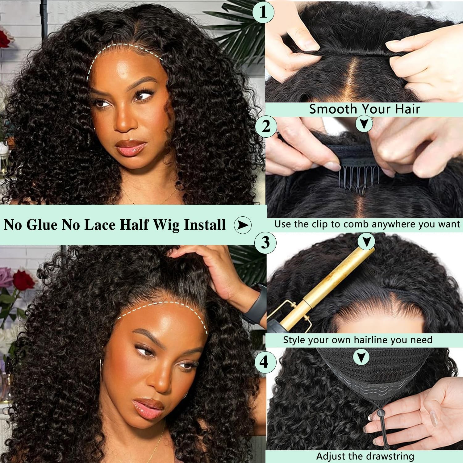200% Density Curly Half Wig Human Hair – Drawstring, Seamless, Quick Install, 26