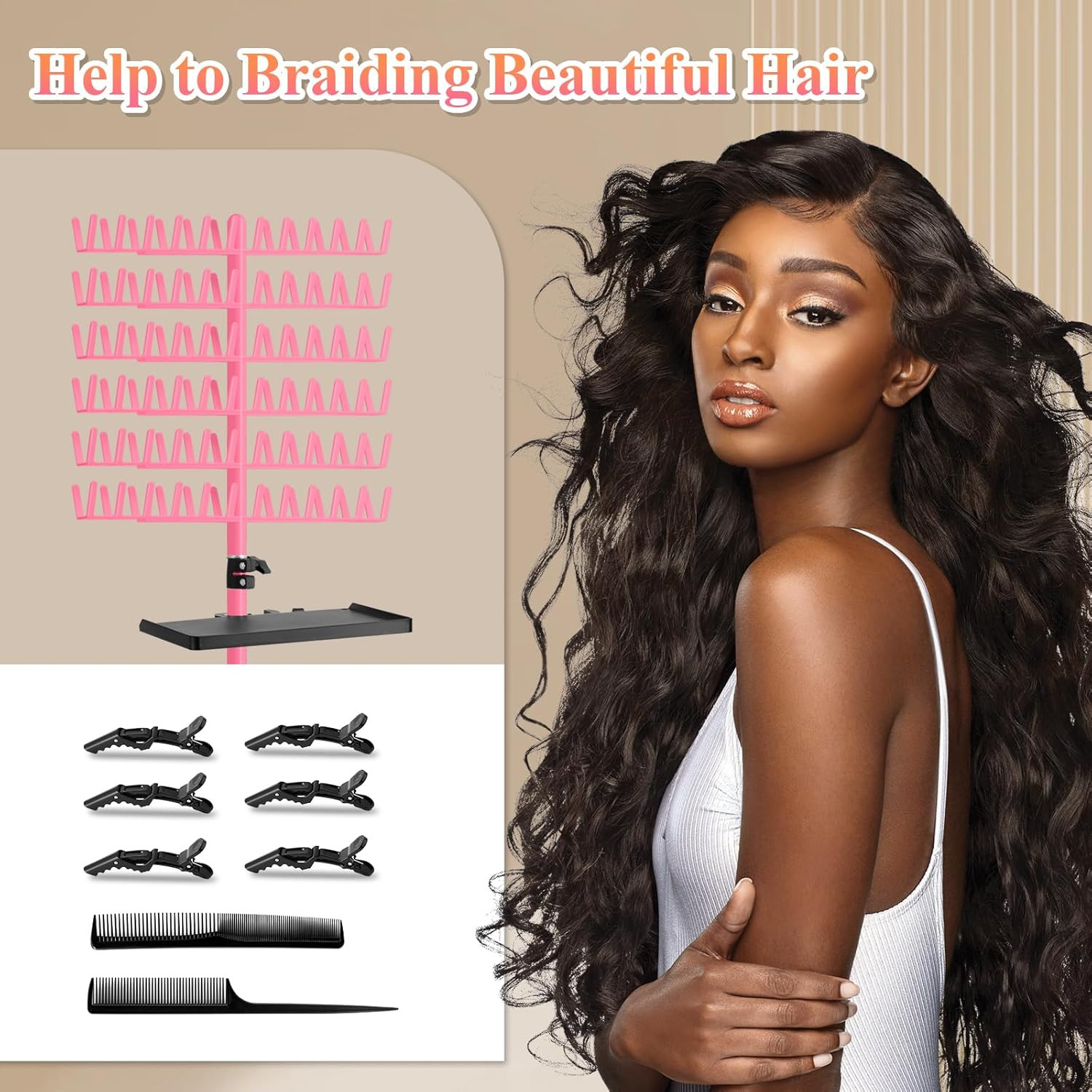 Braiding Hair Rack with Tray, 144 Pegs Height Adjustable Braiding Rack, 2-Side H