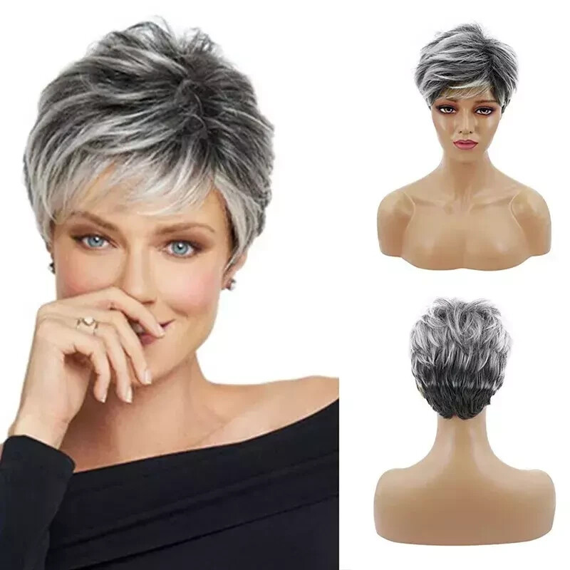 Short Pixie Cut Wigs with Bangs for Women Black with Gray Mix Synthetic Hair Wig