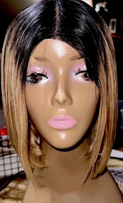 100% BRAZILIAN HUMAN HAIR LACE WIG BOB LAYERED GOLDEN BLONDE DARK ROOTS NEW