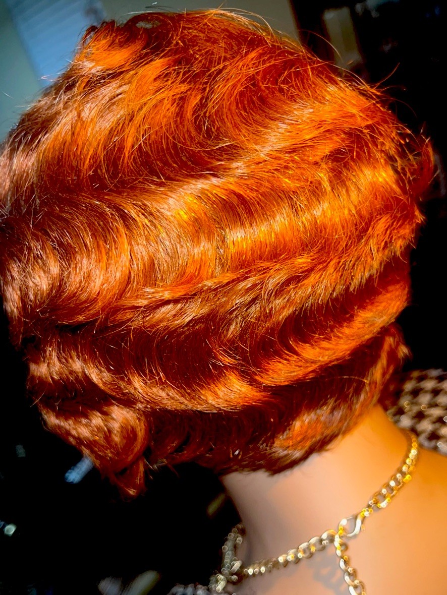 LACE 100% HUMAN HAIR WIG GINGER COLOR FINGER WAVE LIGHT DENSITY 6” PARTING NEW
