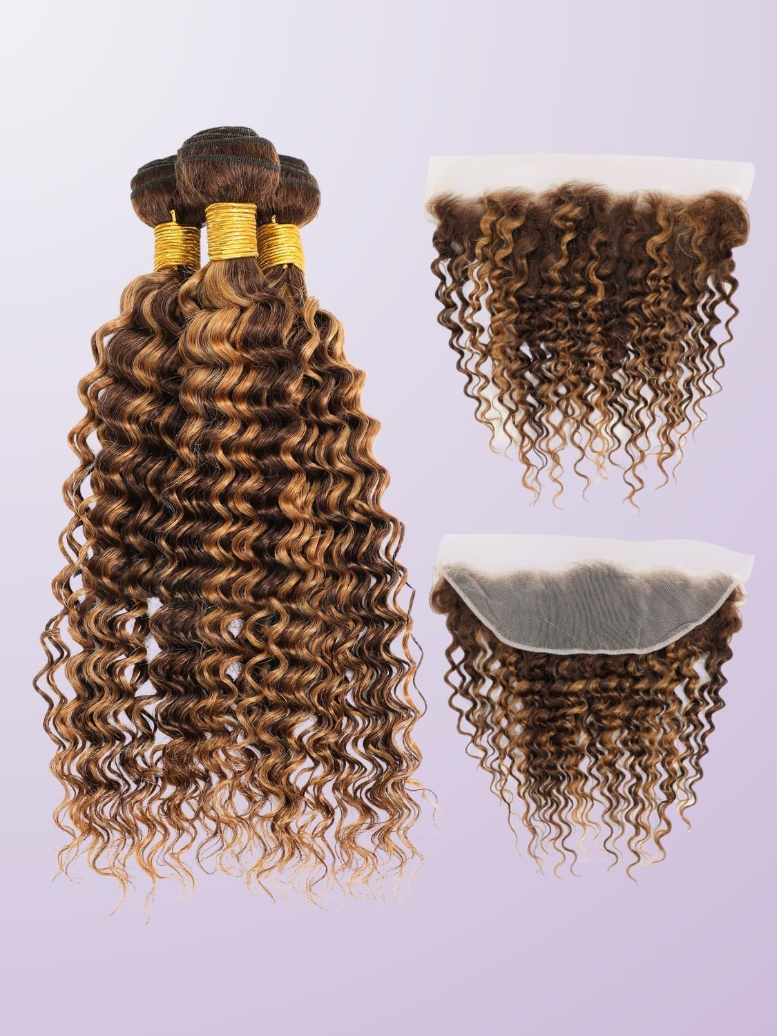 Honey Blonde Deep Wave Bundles with 13×4 Lace Frontal Closure – 3 Thick Tracks,