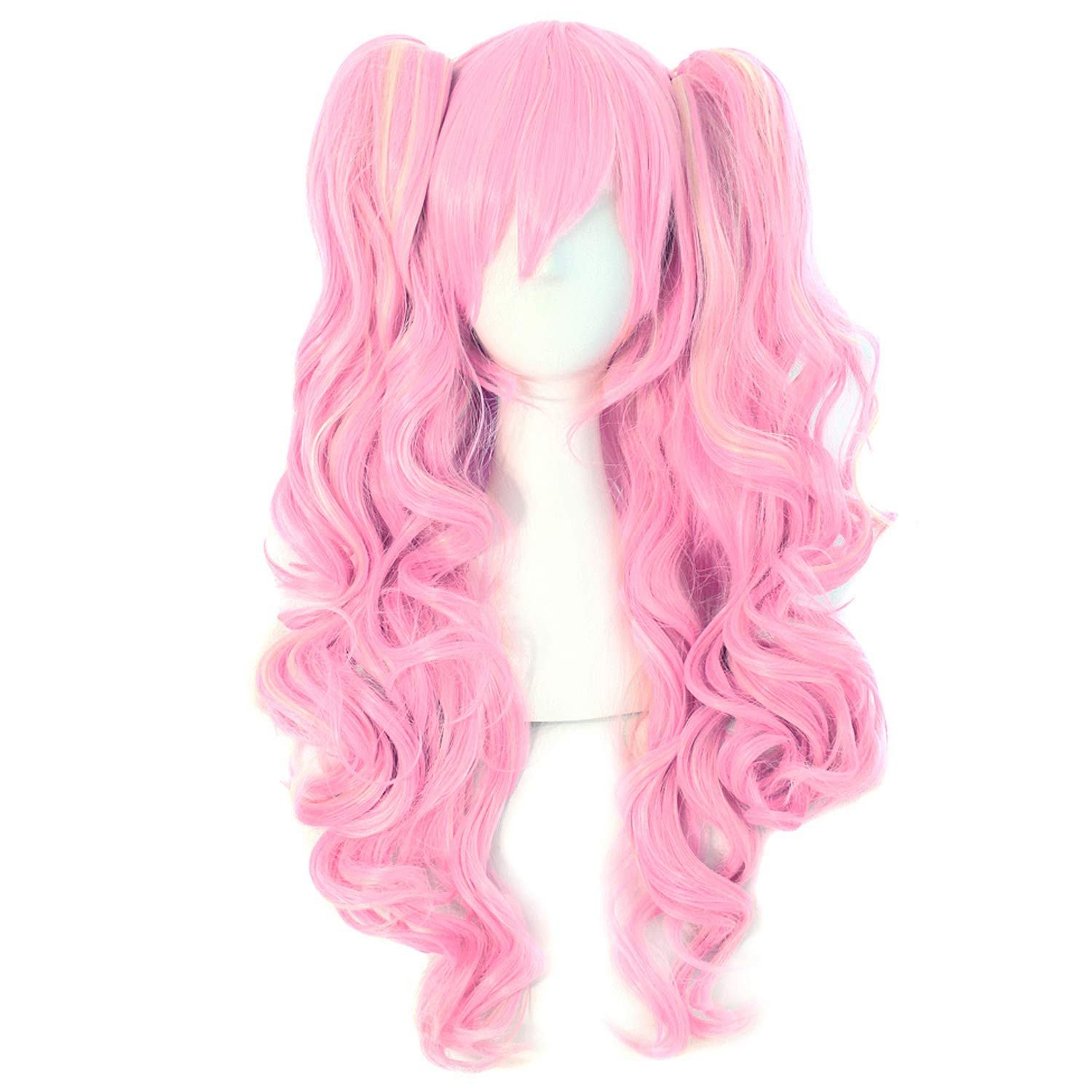 Multi-Color Lolita Long Curly Clip on Synthetic Ponytails Cosplay Wig (Pink/B…