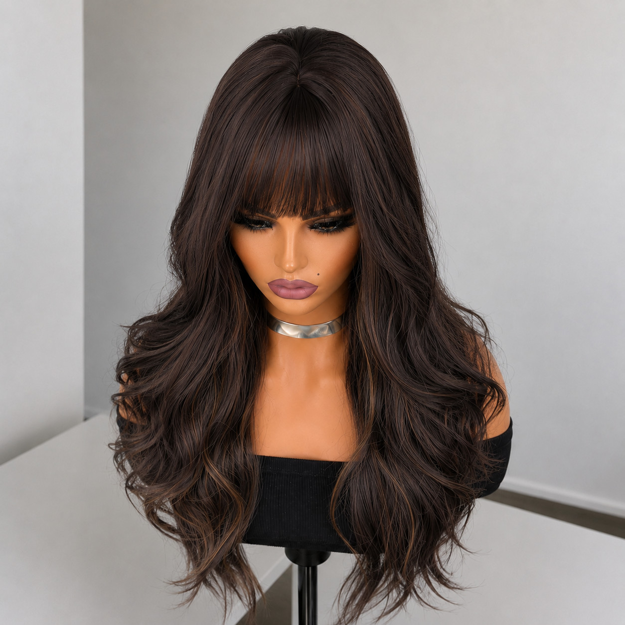 Long Wavy Costume Wig With Fringe Mixed Brown Synthetic Hair Heat Resistant