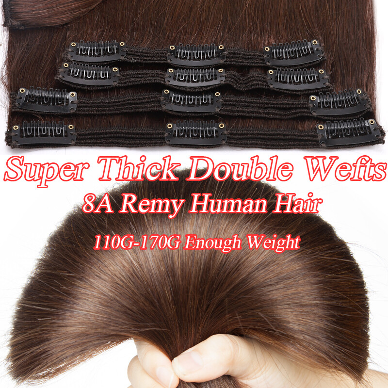 Extra Thick Double Weft Remy Clip In 100% Human Hair Extensions Full Head AAAAAA