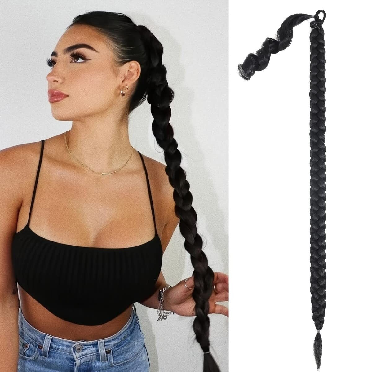 32″ Ponytail Extension Long Straight DIY Braided with Hair Tie (32″-1PCS, Black)