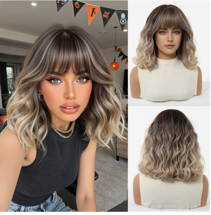 Medium Wavy Gradient Brown Mix Synthetic Hair Women Natural Daily Wigs Soft