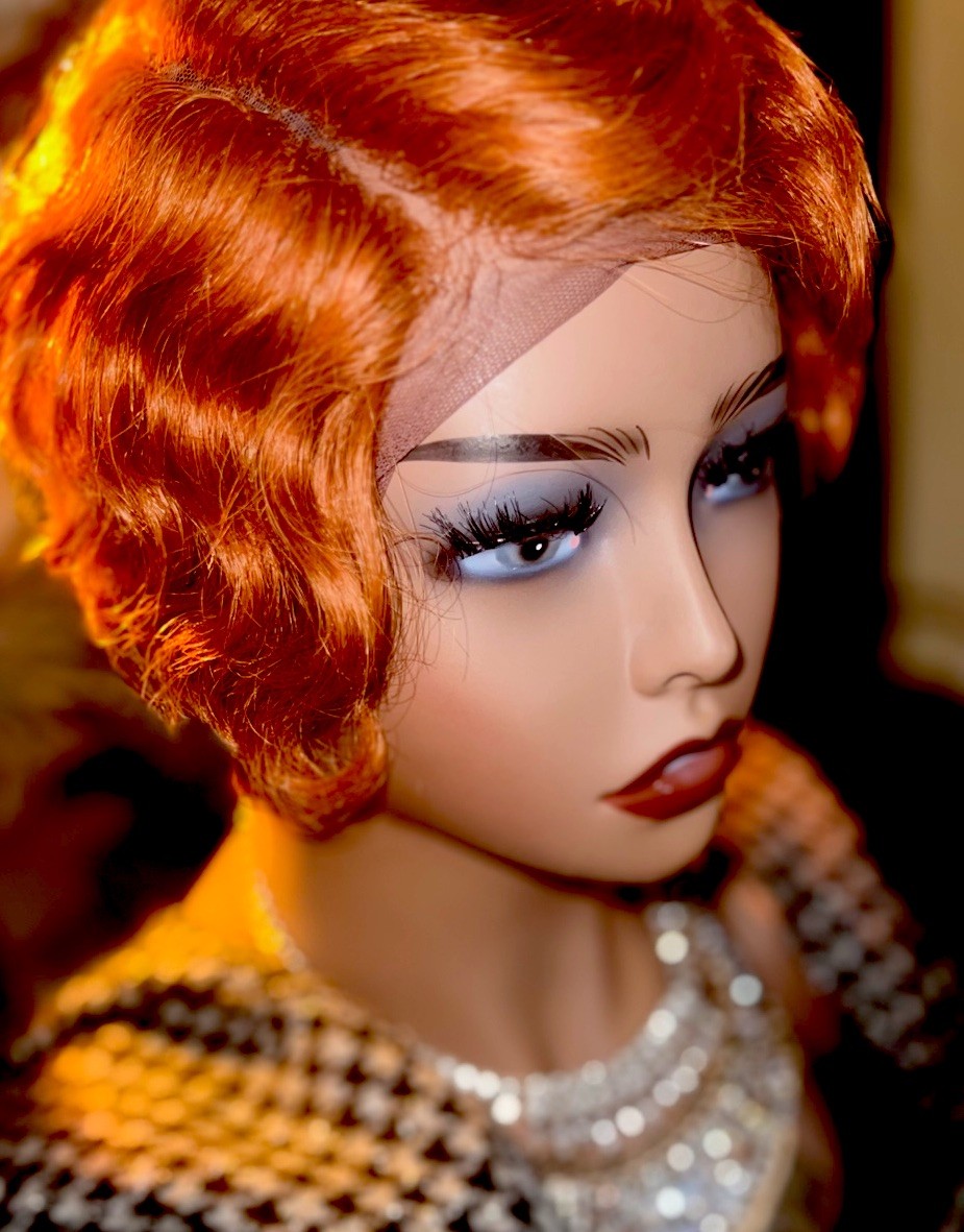 LACE 100% HUMAN HAIR WIG GINGER COLOR FINGER WAVE LIGHT DENSITY 6” PARTING NEW