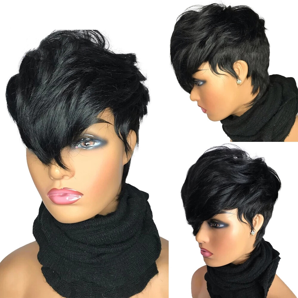 Short Pixie Cut Wig Black Layered Wavy Hair with Bangs Real Pixie Human Hair Wig