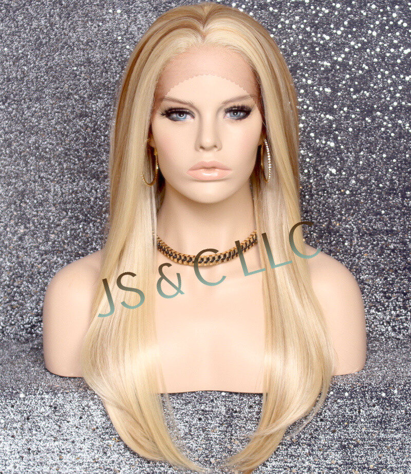 Long Straight Human Hair Blend Mono Top Lace Front Wig Blonde mix 613-27 WBDL