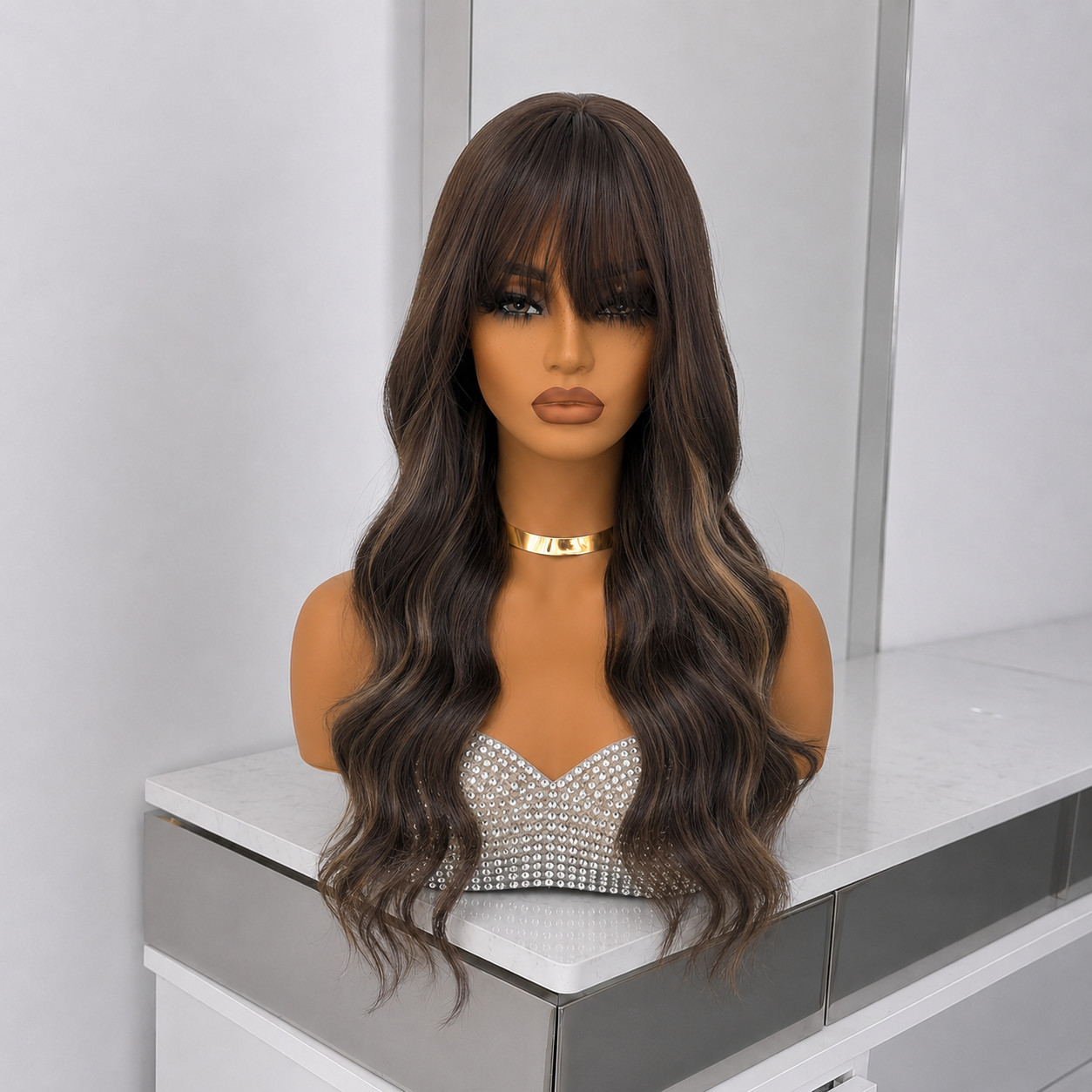 Costume Wig With Fringe Mixed Brown Heat Resistant Hair Long Wavy
