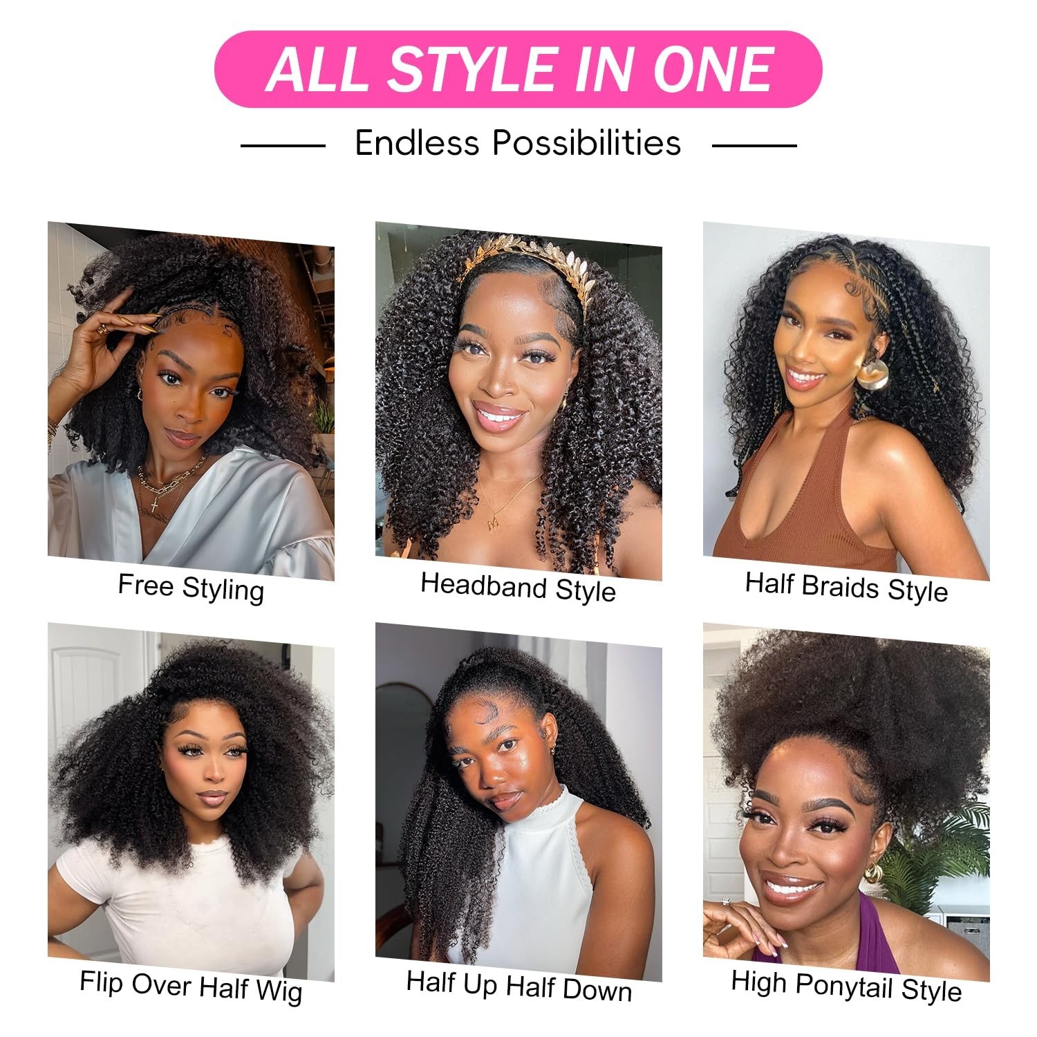 Kinky Curly Half Wig 22″ Human Hair, 3-in-1 Drawstring, Glueless, Beginner Frien