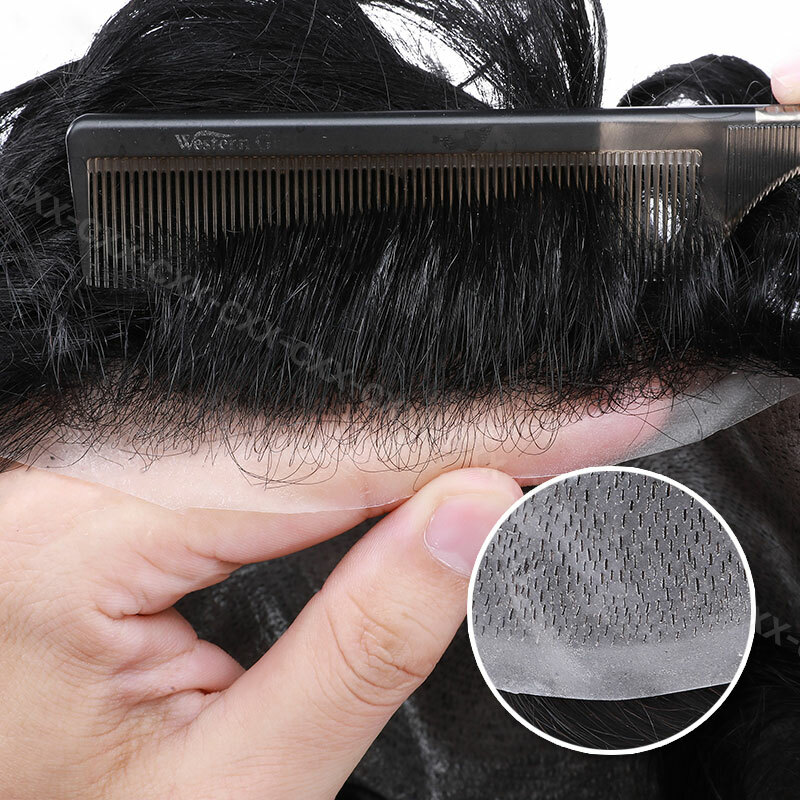 Mens Hair Replacement System Full Lace Poly Thin Skin Toupee Human Hair Piece PU