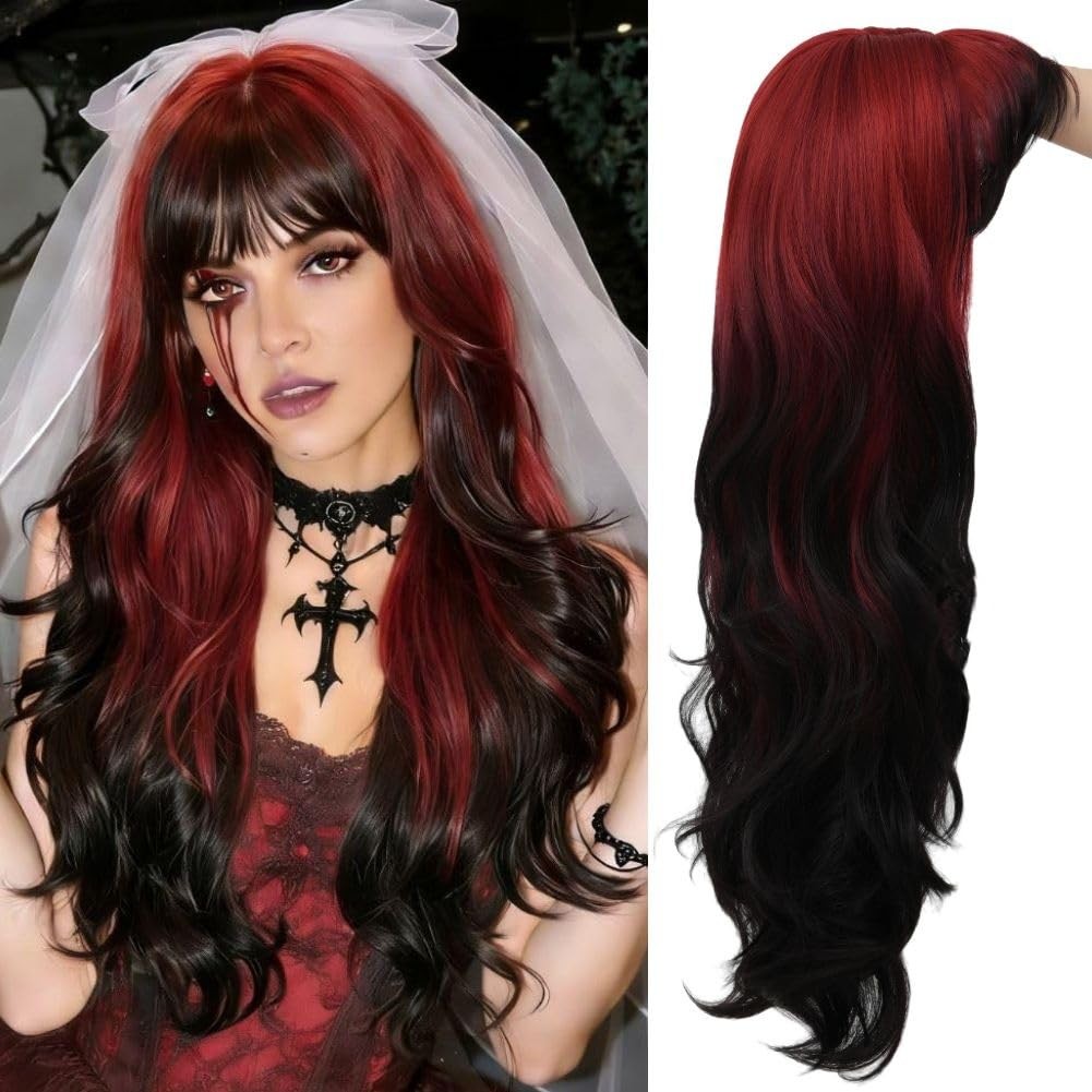 Red Black Long Wig with Bangs Womens Curly Wavy Ombre Red Hair Wig Heat Resis…