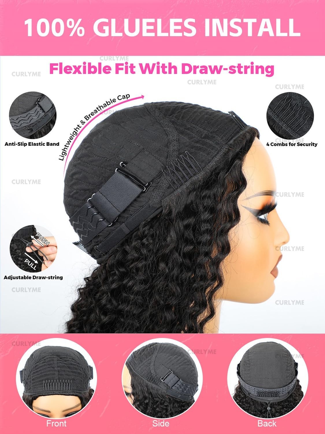 20 Inch Curly Half Wig Water Wave Human Hair – Glueless, Adjustable, Beginner Fr