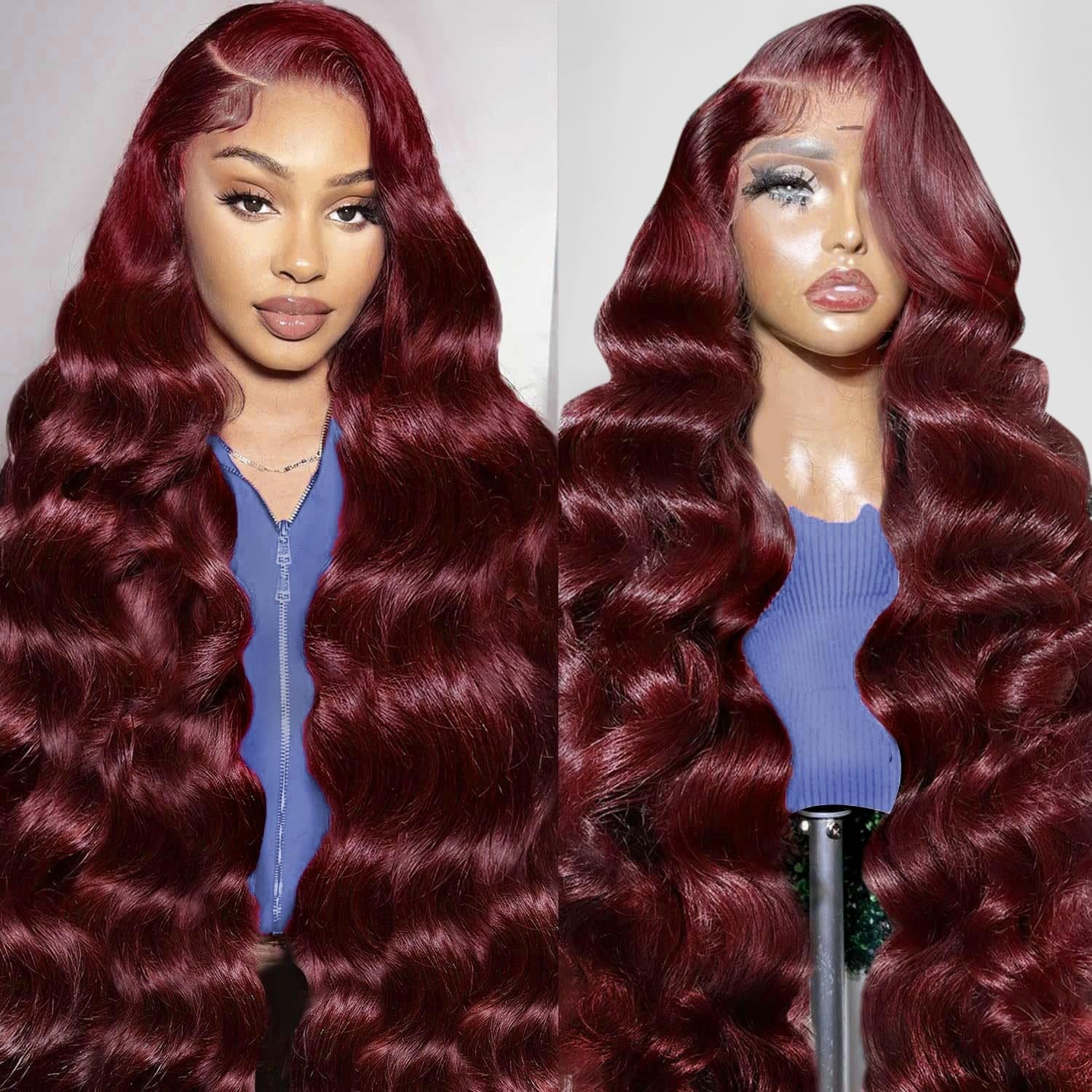 30″ 99J Burgundy Body Wave Lace Front Wig, 200 Density, Pre-Plucked Human Hair