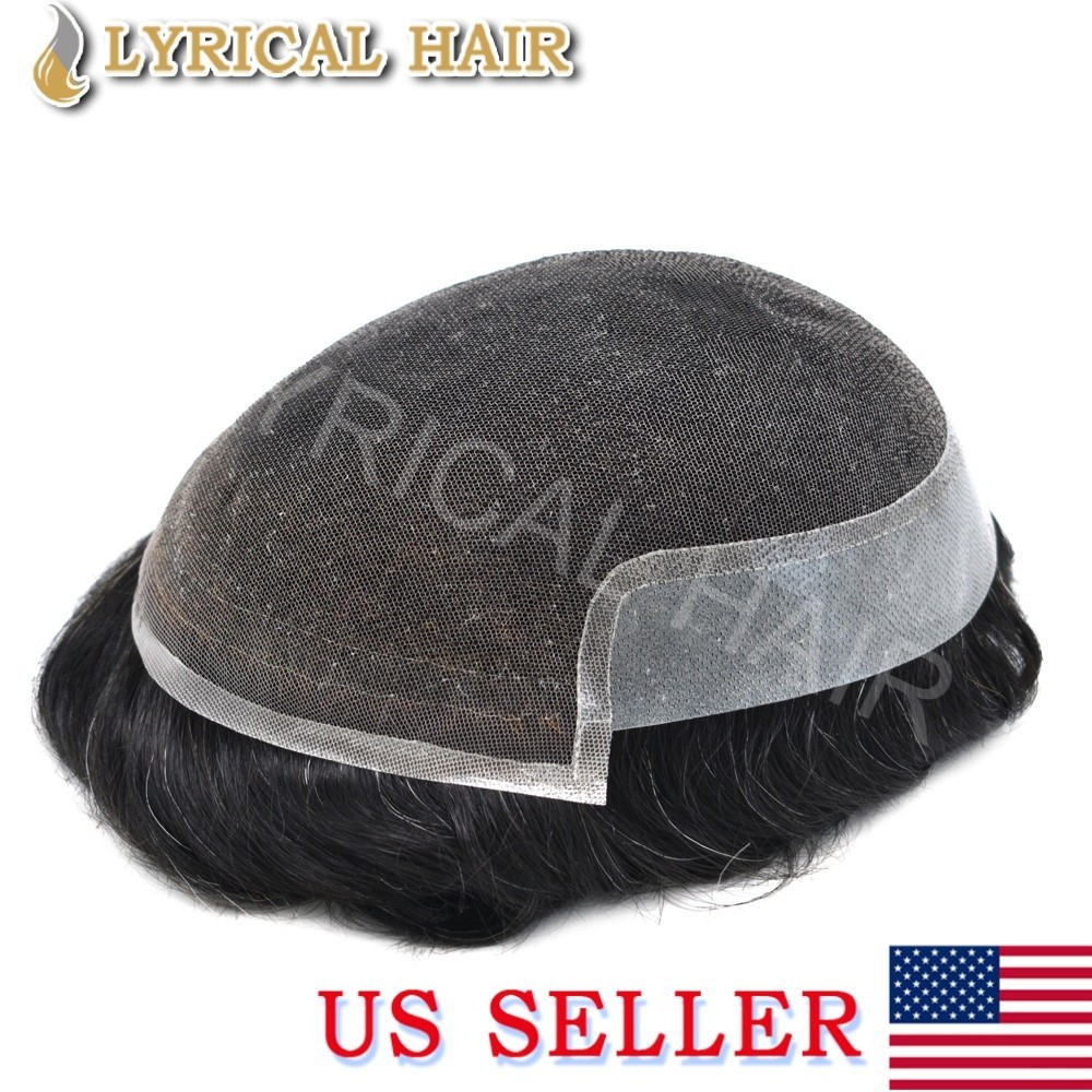 Mens Toupee French Lace Front Human Hair Invisible Hairpiece Skin PU Hair System