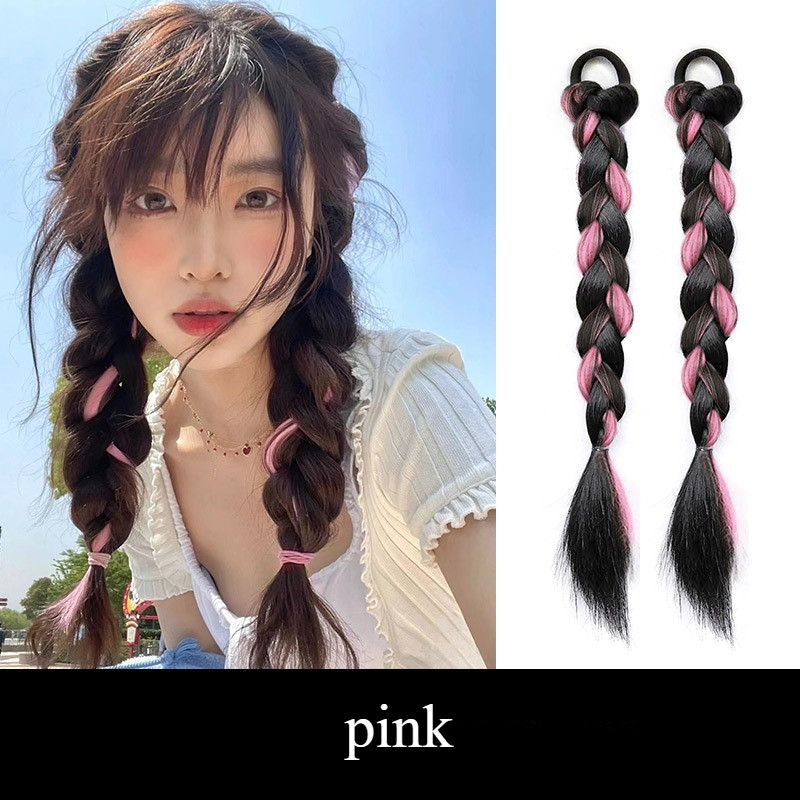 Women Cute A Pair Twist Braid Wig with Hair Tie Synthetic Hair Double Ponytail