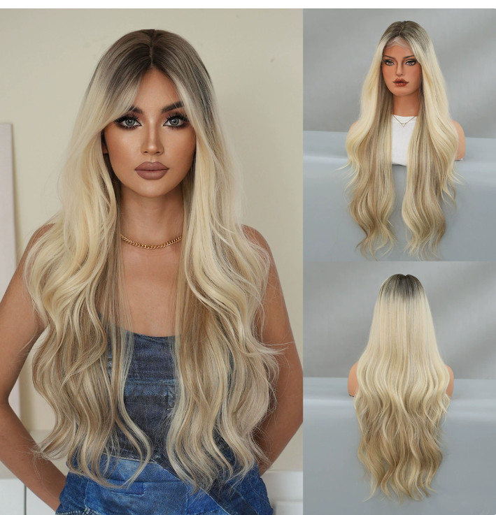 Extra Long Wavy Rooted Blonde Mix Lace Synthetic Hair Wig Women Soft Natural