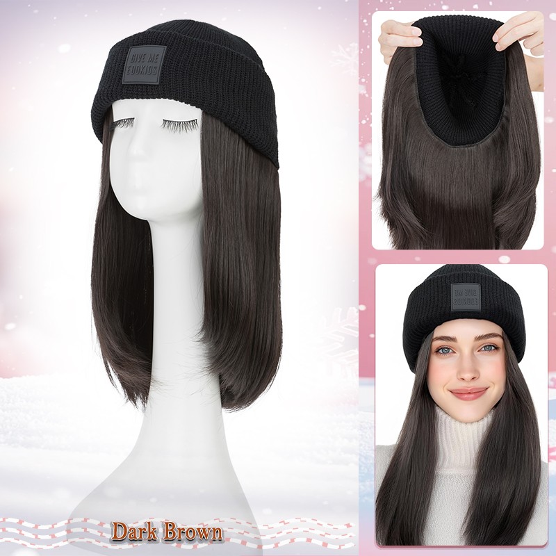 8 In Hat Wig With Hair Attached For Women Black White Brown Baseball Beanie Cap