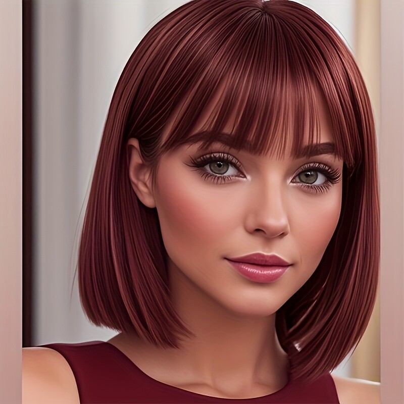 12″ Light Brown Bangs Wig Ladies Daily Wear Party Synthetic Hair Adjustable