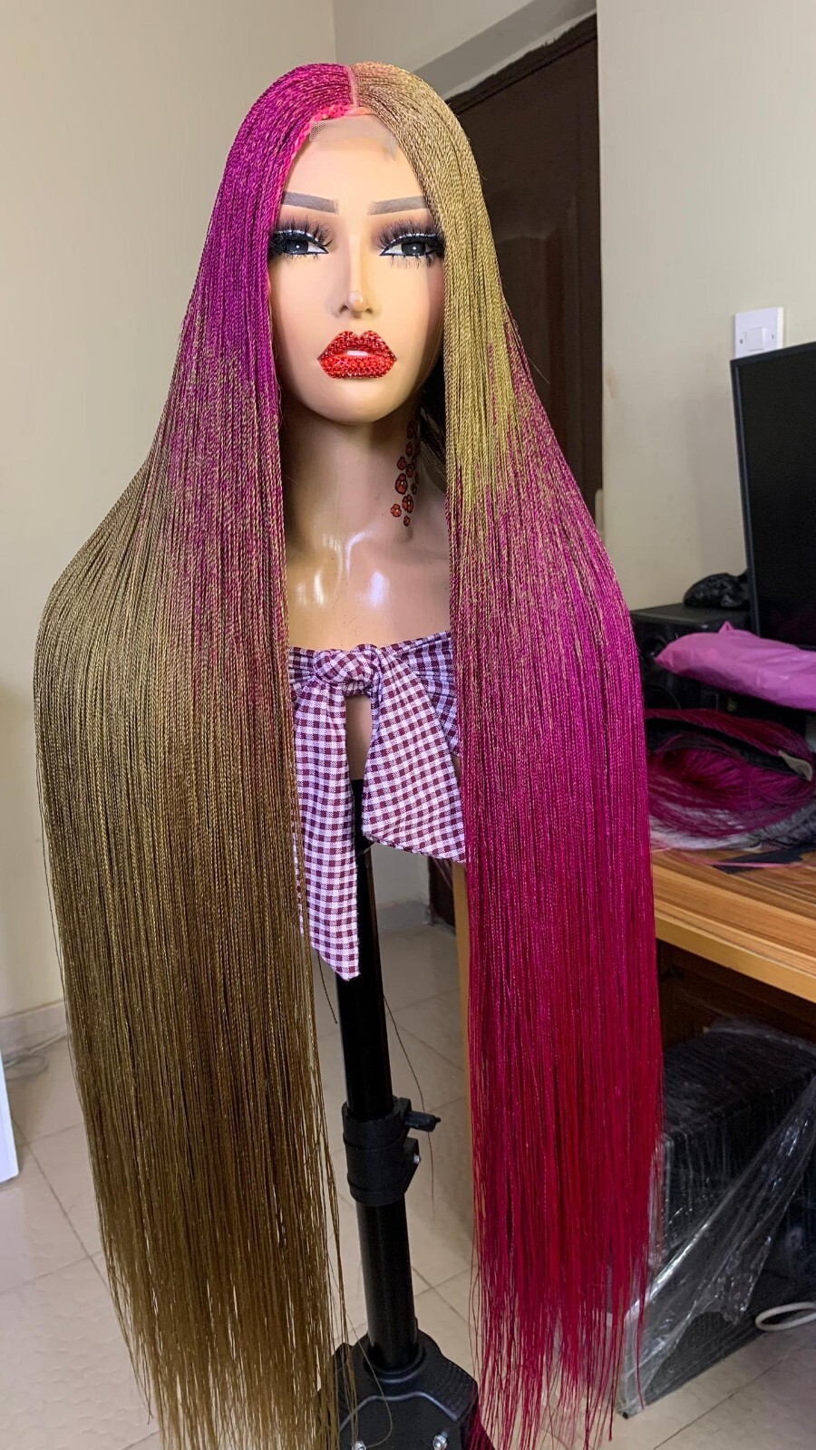 NANO BRAIDED WIG ON HALF CLOSURE (MICRO SENEGALESE TWIST) BURGUNDY AND GOLD 40