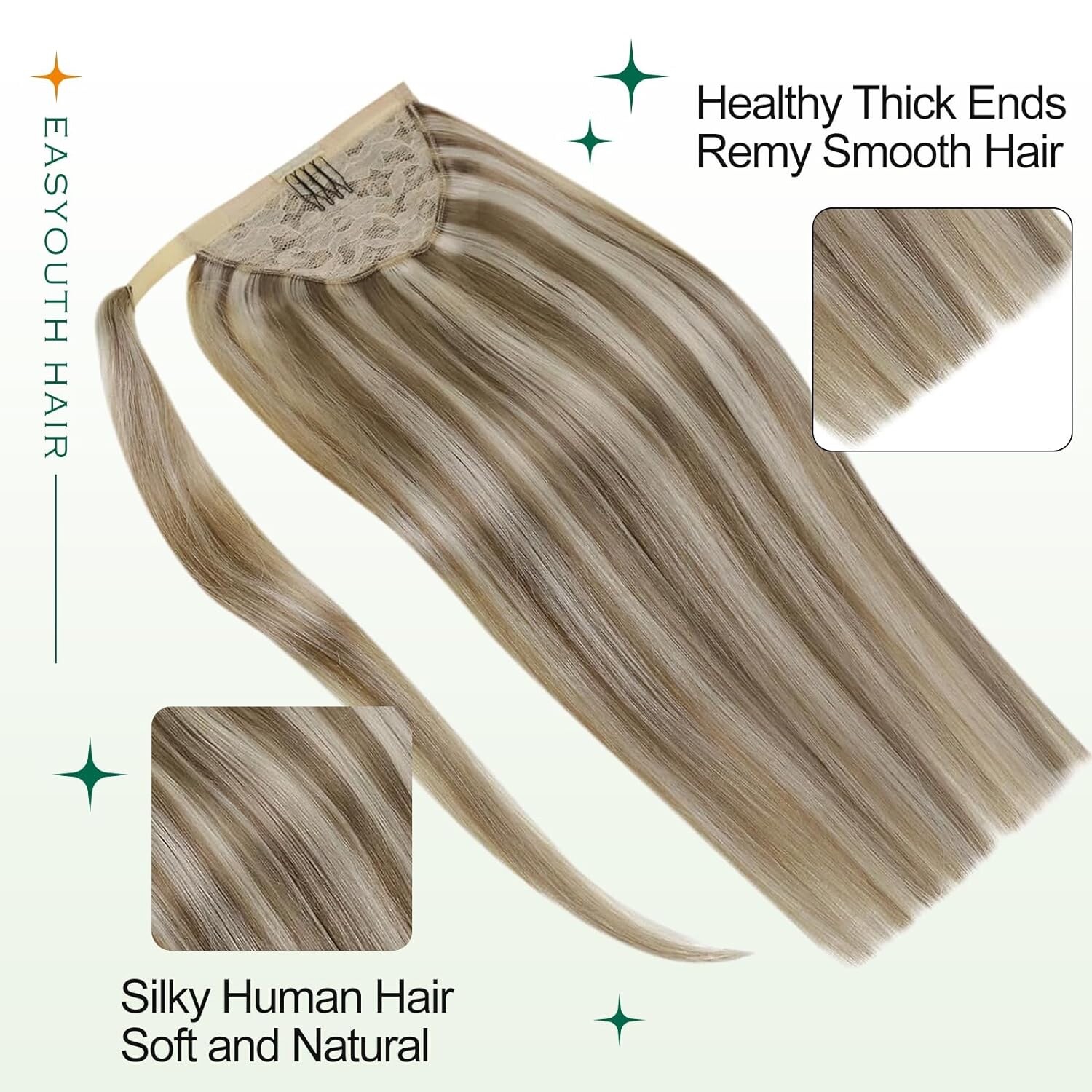*EASYOUTH* PONY TAIL EXTENSION ‘HUMAN HAIR’ BLEACH BLONDE/ASH BROWN – 12″, 70G