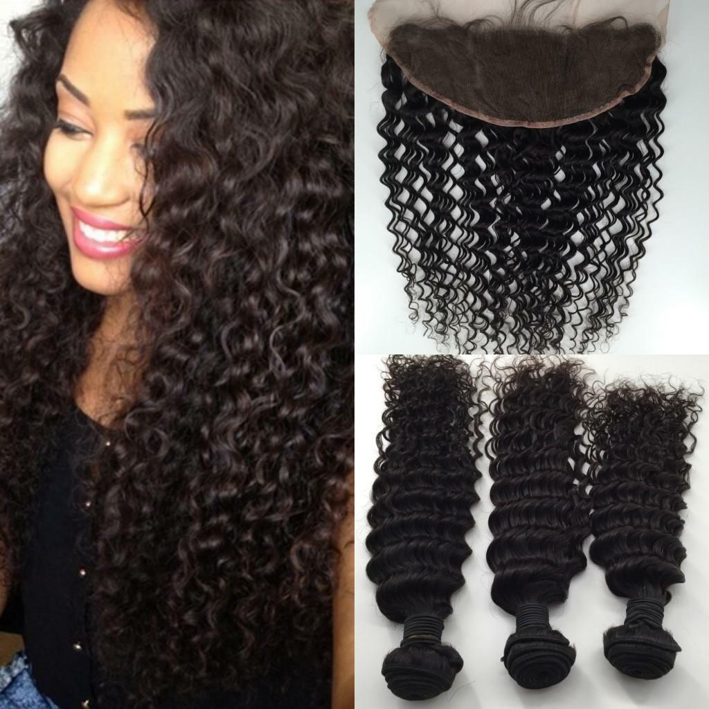 12A BRAZILIAN VIRGIN HUMAN HAIR DEEP CURL BUNDLES 3/4 WITH 13X4 LACE FRONTAL 1b#