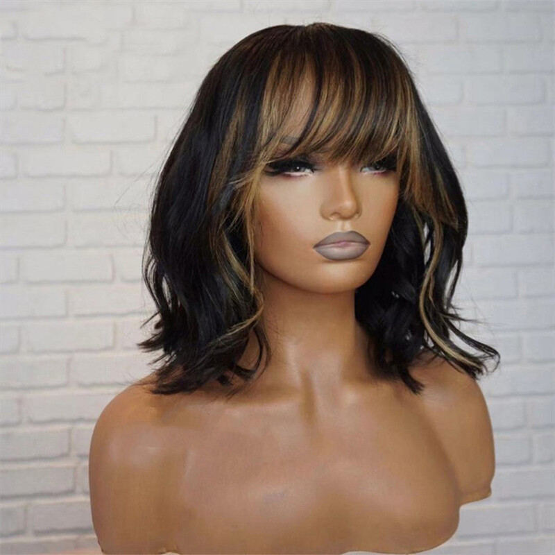 Black Hair with Honey Blonde Highlights Bangs 13×4 Lace Front 100% Human Hair