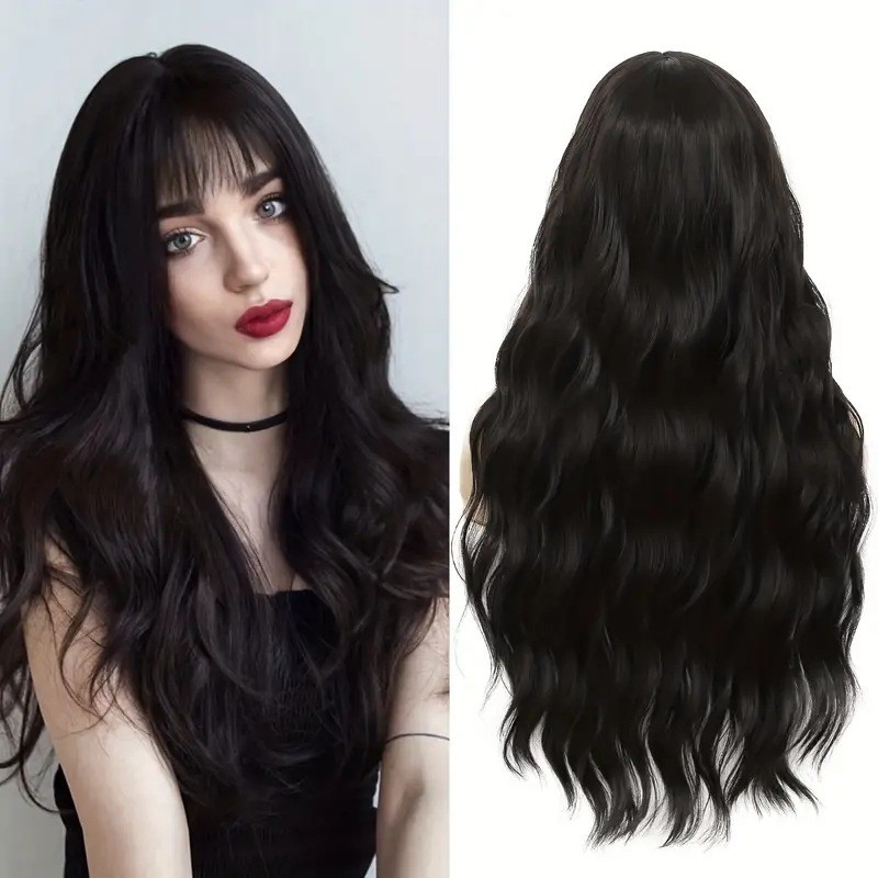 Multicolor Water Wave Long Curly Wig with Bangs Heat Resistant Synthetic Full