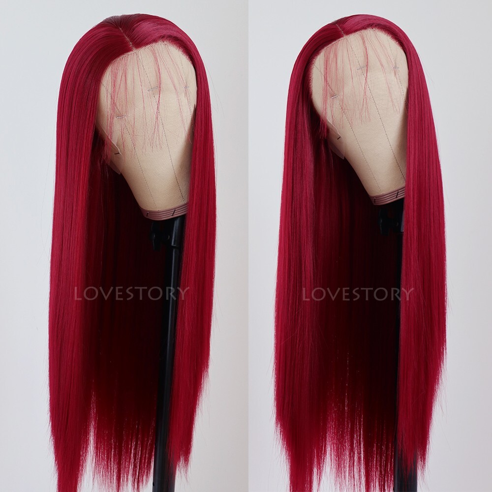 Women Lace Front Wig Red Long Straight Synthetic Hair Wigs Heat Resistant Party