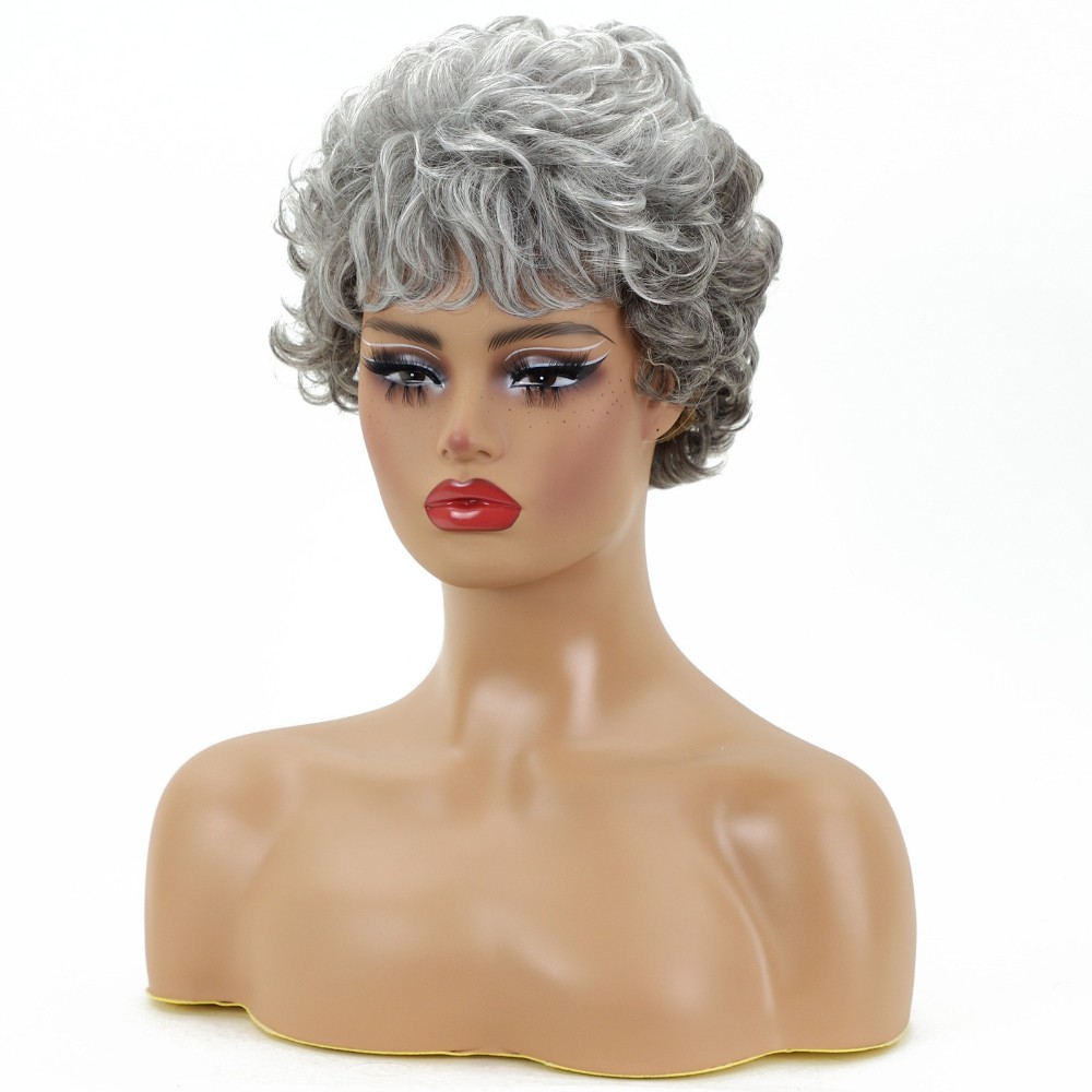Women’s Short Curly Silver Gray Wig Heat Resistant Synthetic Full Daily Wear
