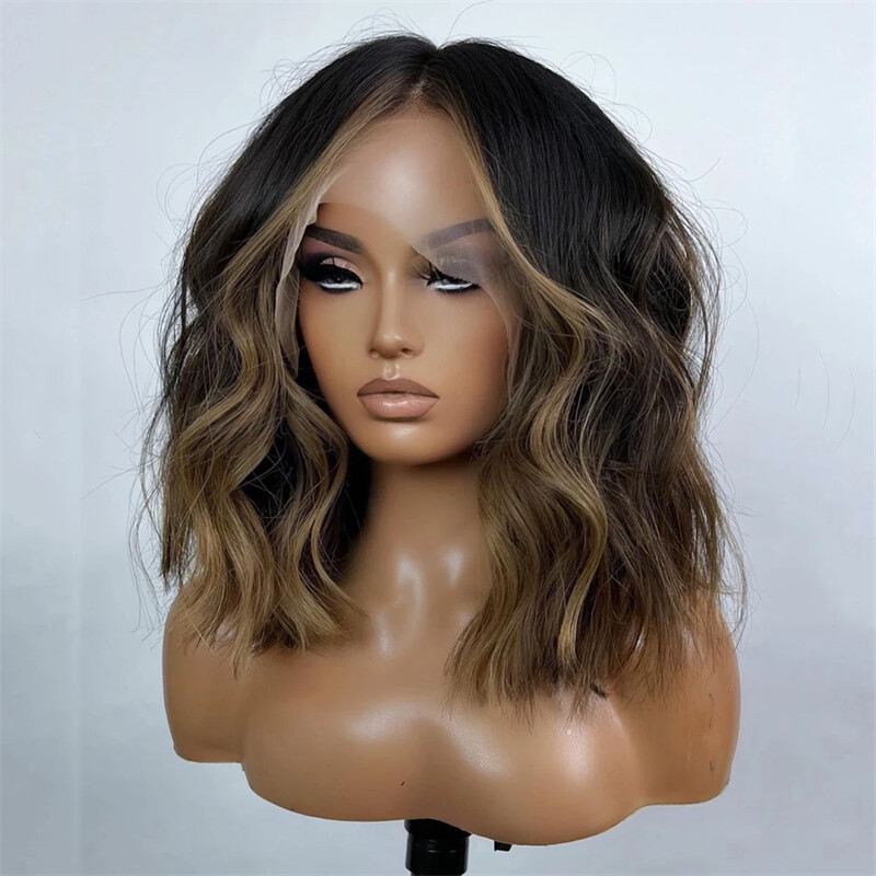 Short Bob Wigs Human Hair Glueless Brazilian Hair Ombre Black Brown 200% Density