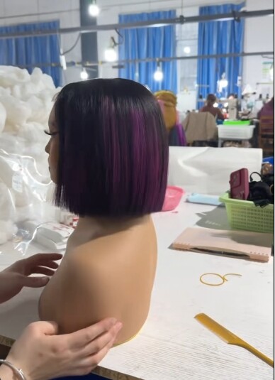 8 inch Black with Purple Mixed Bob Wigs Remy Human Hair 2×6 Lace Closure Wigs