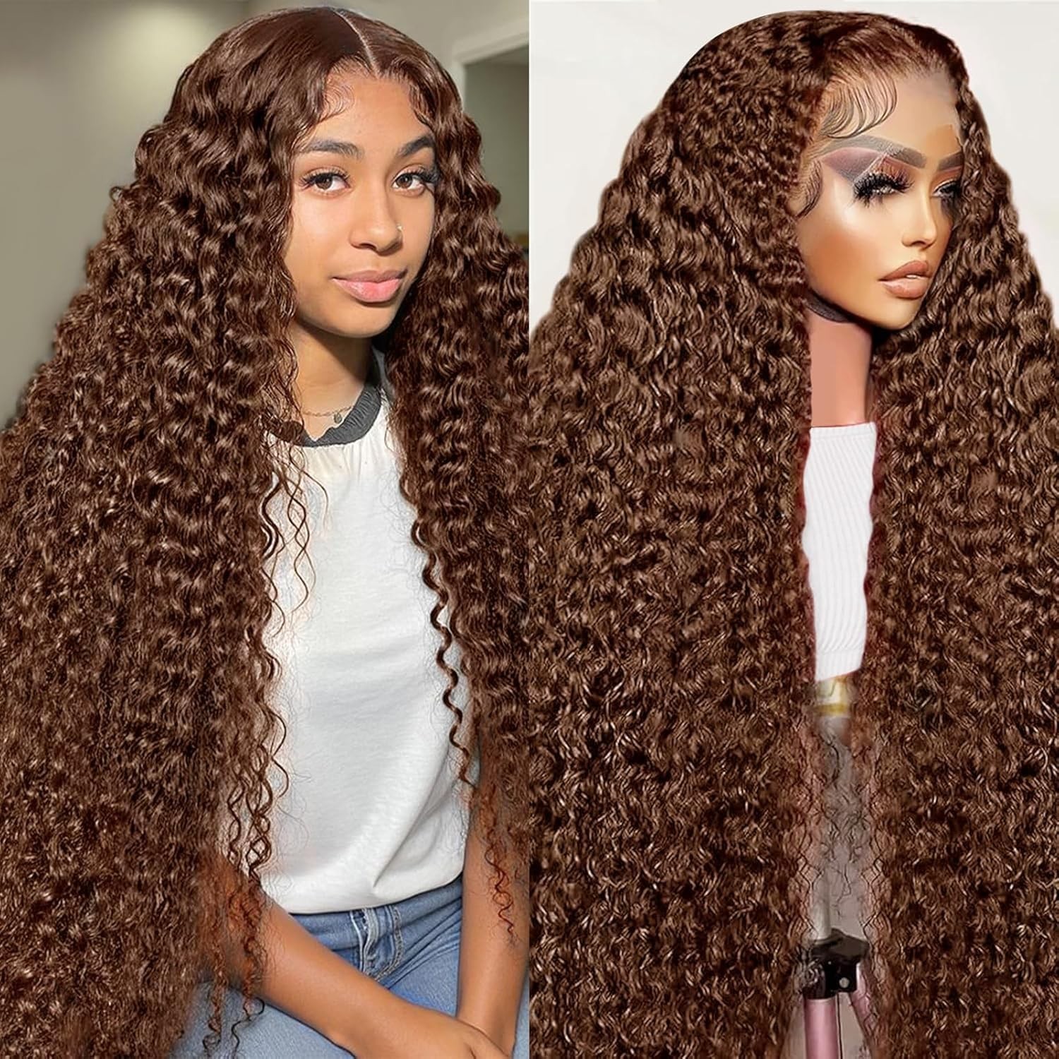 30″ Chocolate Brown Deep Wave Lace Front Wig – 200 Density Curly Human Hair, HD