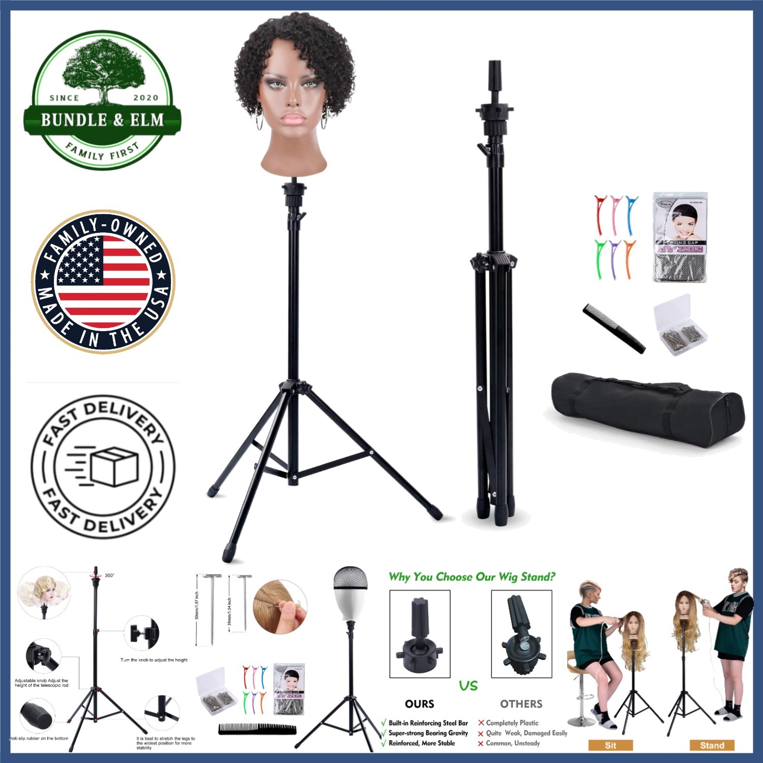 Adjustable Wig Stand Tripod for Cosmetology Training with Carrying Bag Included