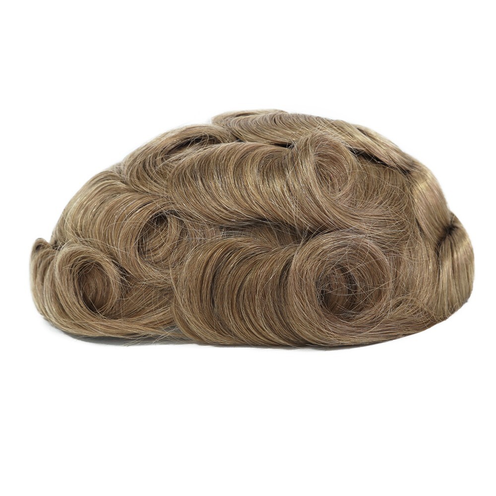 Mens Toupee Human Hair Replacement System Thin Skin Dark Blonde Red Hair #20R