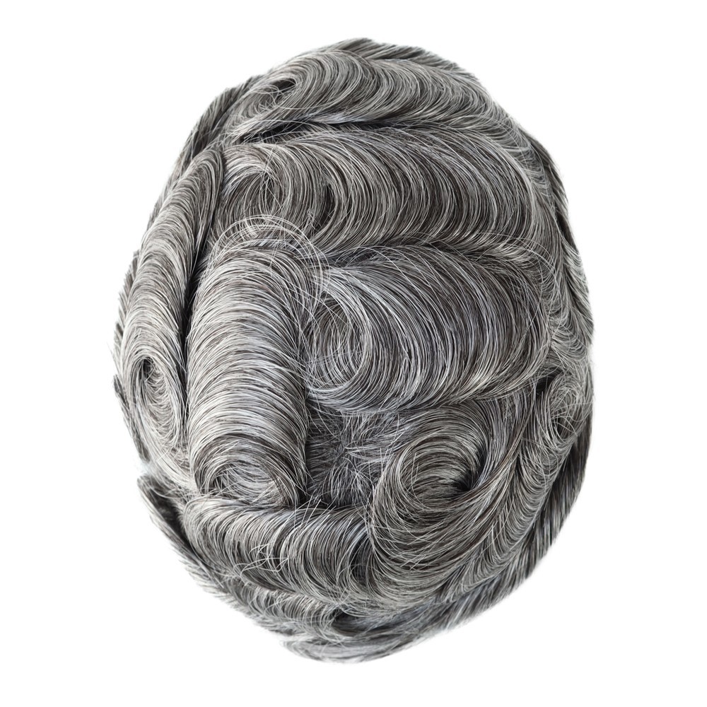 Toupee For Mens Human Hair Thin Skin Replacement System Hairpiece Grey BIO #1B50