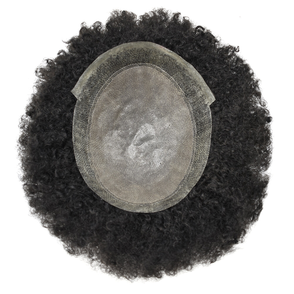 Men Toupee Afro Curly Wigs Breathable Lace Black Human Hair Replacement PU-F