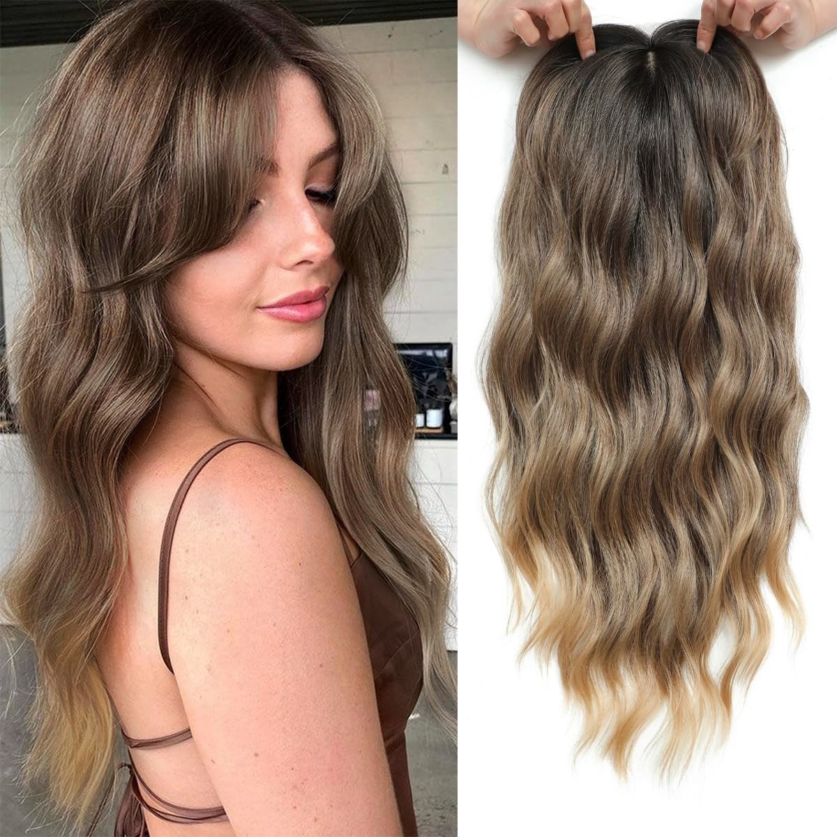 Ombre Brown Dark Roots w/ Side Bangs Long Wavy 20in Women Premium Hair Topper