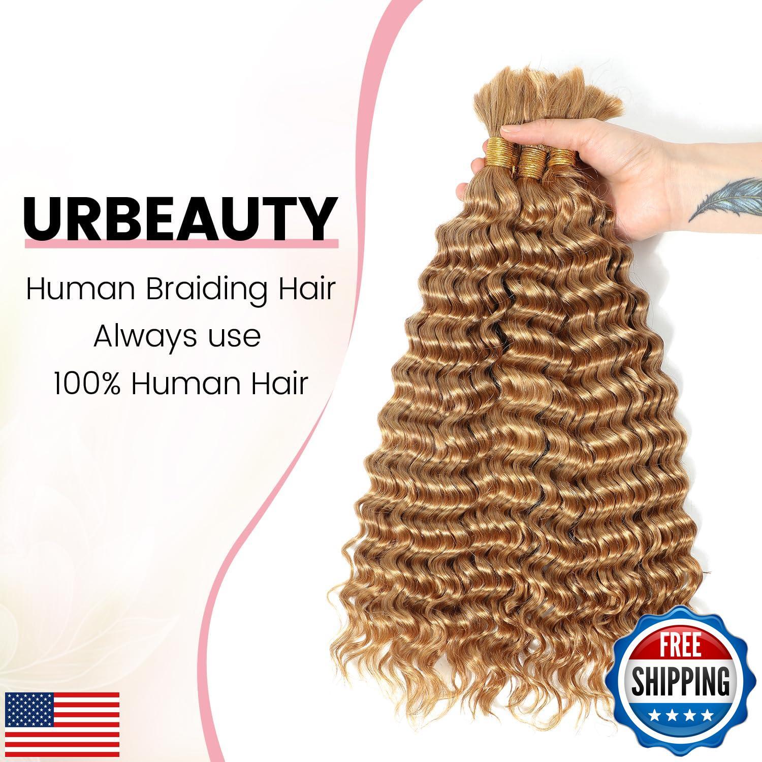 Urbeauty Human Braiding Hair #27 Color, Deep Wave Bulk Human Hair for Micro B