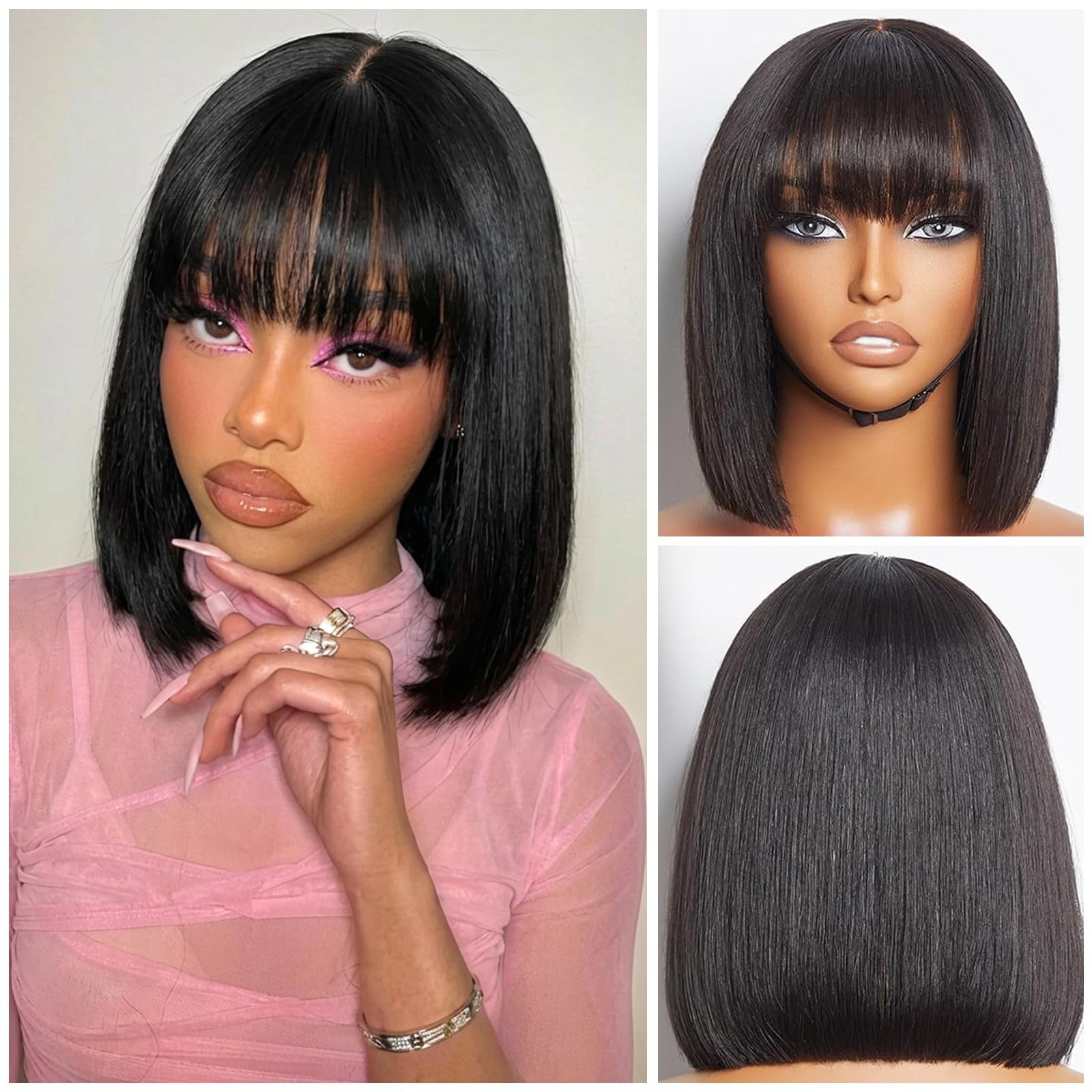 Pisry Bob Wig Bangs Human Hair Hd Lace Hairline Short Black Bob Wigs Wear And