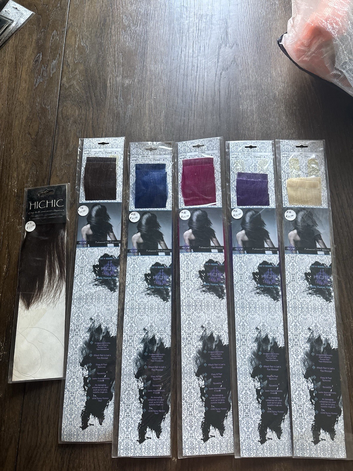 6 Packs of Real Human Hair Extensions (Black, Brown, Blue, Pink, Purple, Blonde)