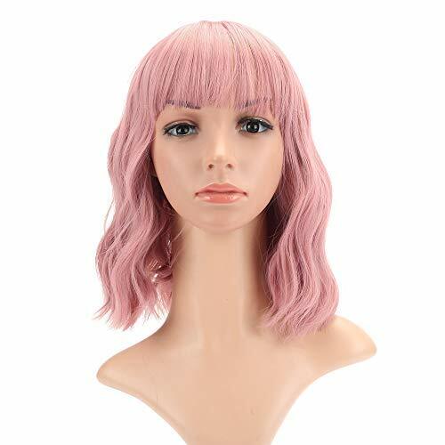 Women Girls Pink Bob Wig with Bangs Short Wavy Pink Bob Wig Synthetic Bob Wig US