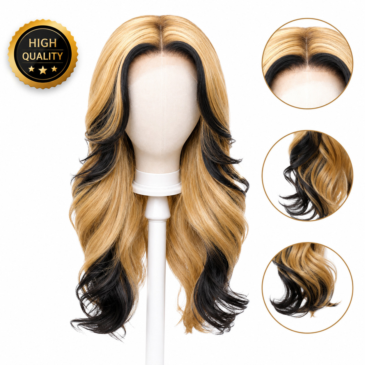 Long Wavy Blonde & Black Lace Front Wig – Pre-Plucked Natural Hairline, Heat Res
